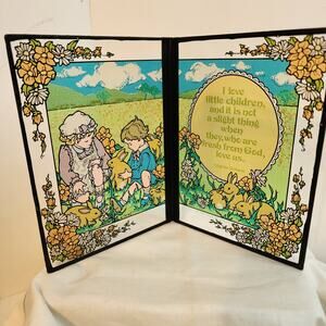 Vtg 1978 Yorkraft Glass Plaque Bifold Kids Bunnies Dickens Quote 6x10” cottage